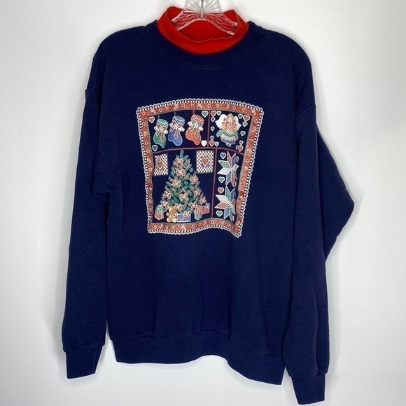 Vintage Santee Christmas Navy Blue Holiday Turtleneck Sweatshirt Size Large 90s - Picture 1 of 7